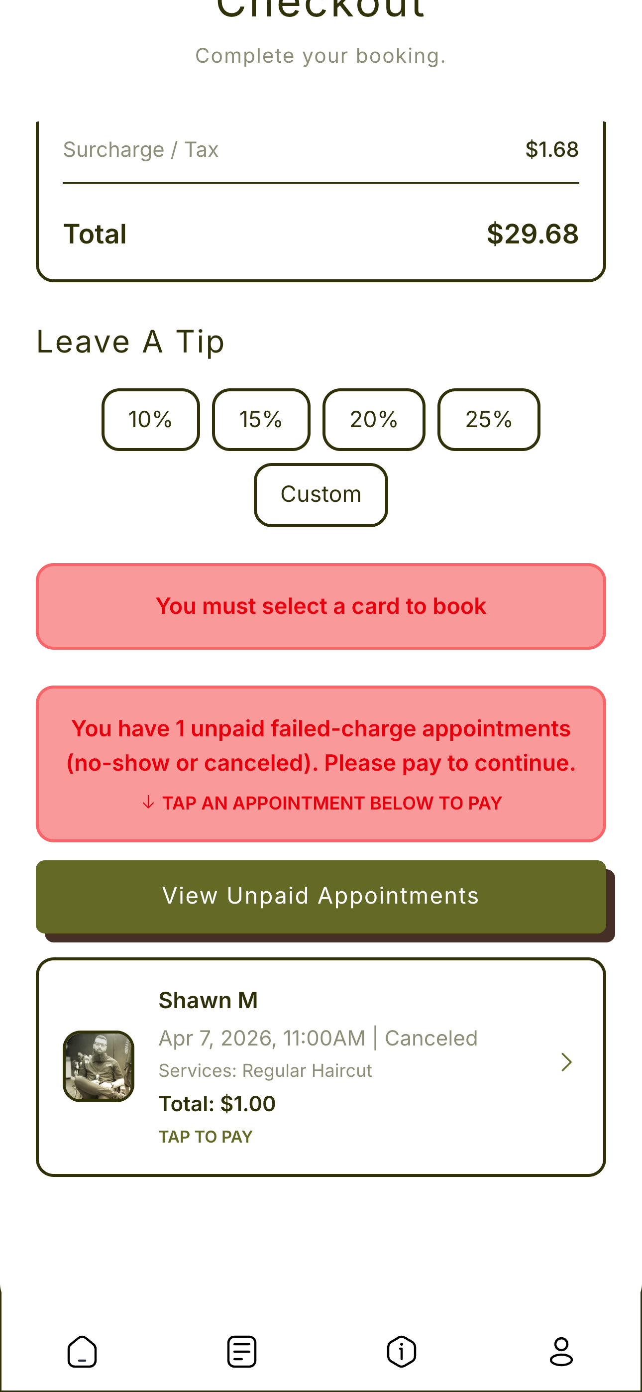 Client blocked from booking until no-show fee is paid